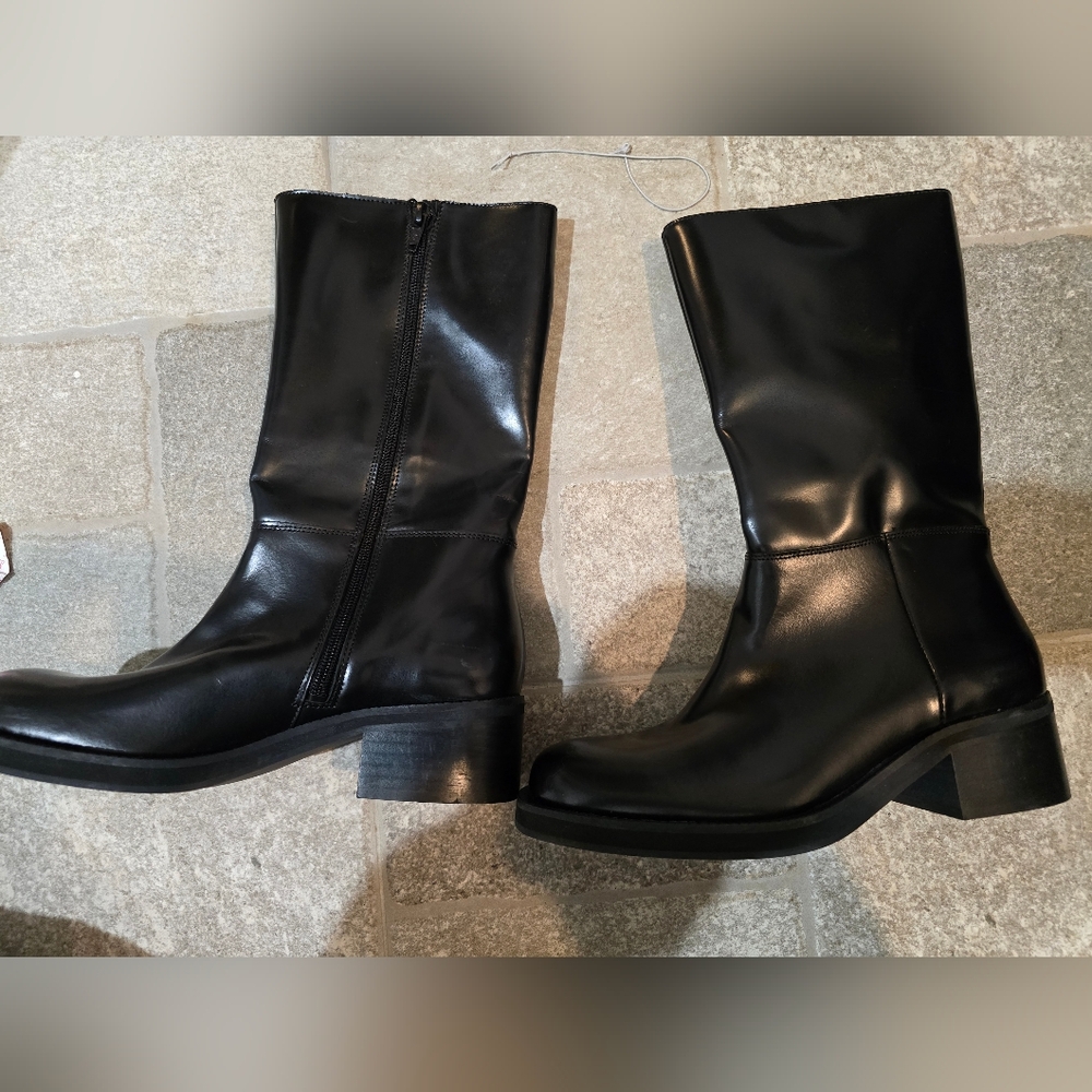 NWOT MNG Mango Leather boots zip closure Long Line Black Heeled 38 7.5 Square - Picture 8 of 11